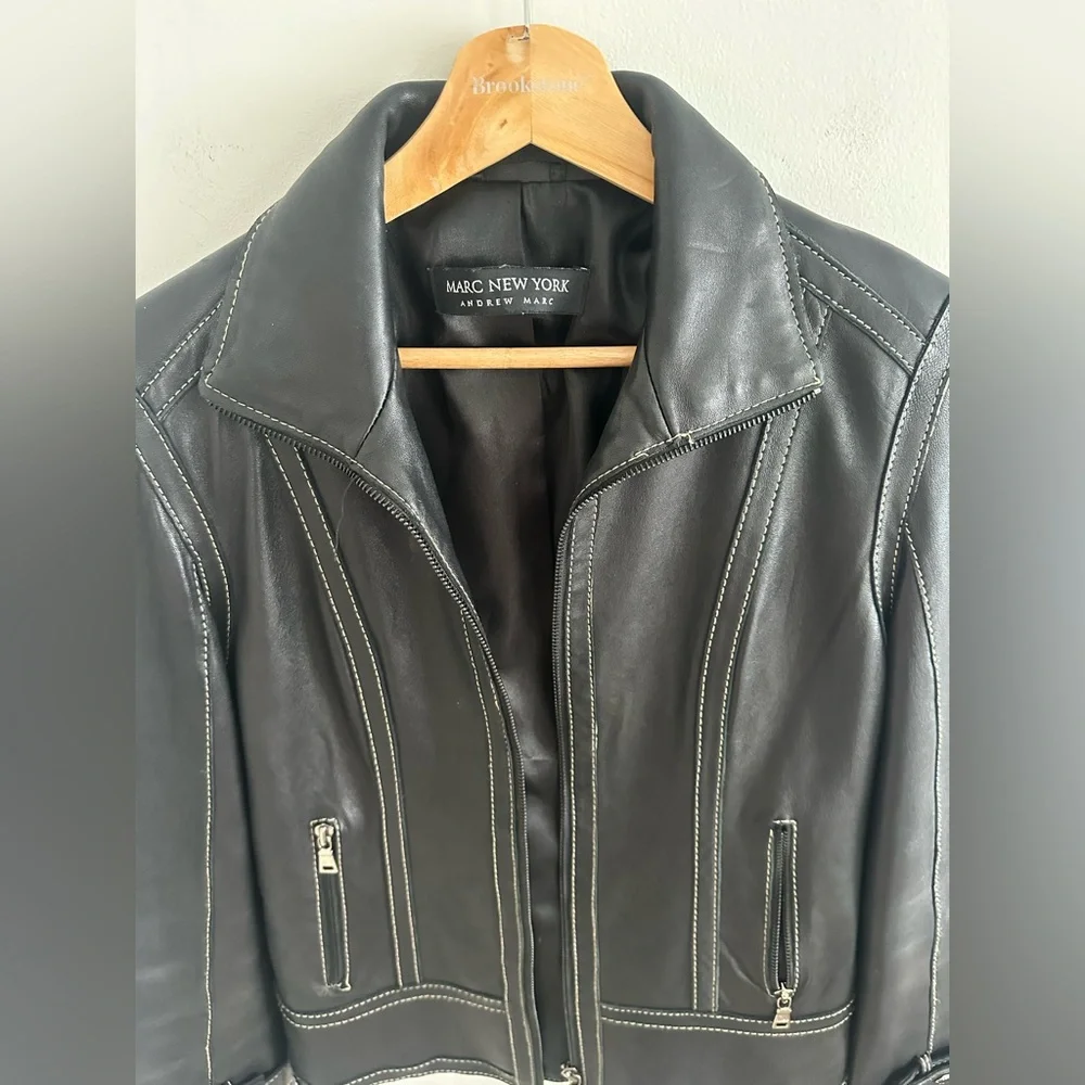 Marc New York‎ Black vintage Leather Moto Jacket Contrast Stitching size small - Picture 9 of 11